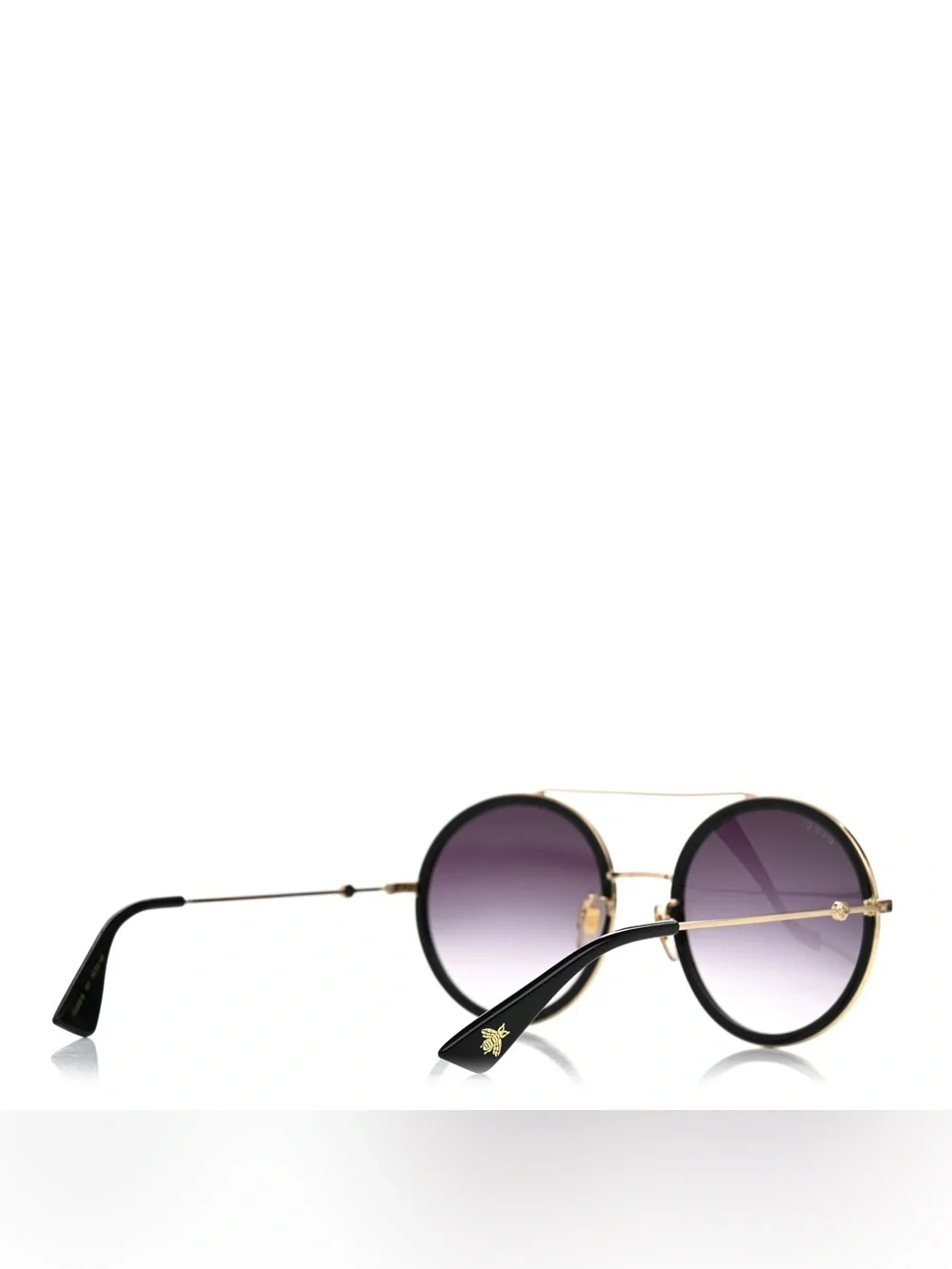 Gucci Men’s Metal Round Frame Sunglasses Black Gold Gradient Lenses Bee Logo